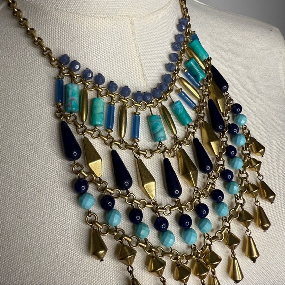 Stella & Dot Malta Bib Statement Necklace Gold and Blue Statement Necklace - Picture 6 of 7